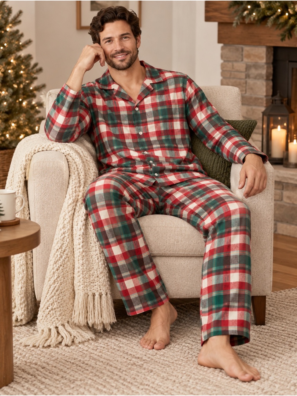 Men's Plaid Flannel Pajama Set - Red & Green